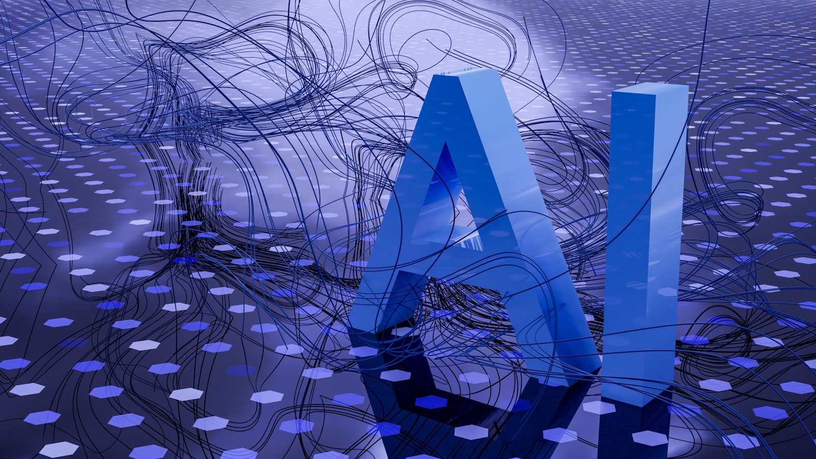 Abstract three-dimensional letters spelling AI on a circuit-like background